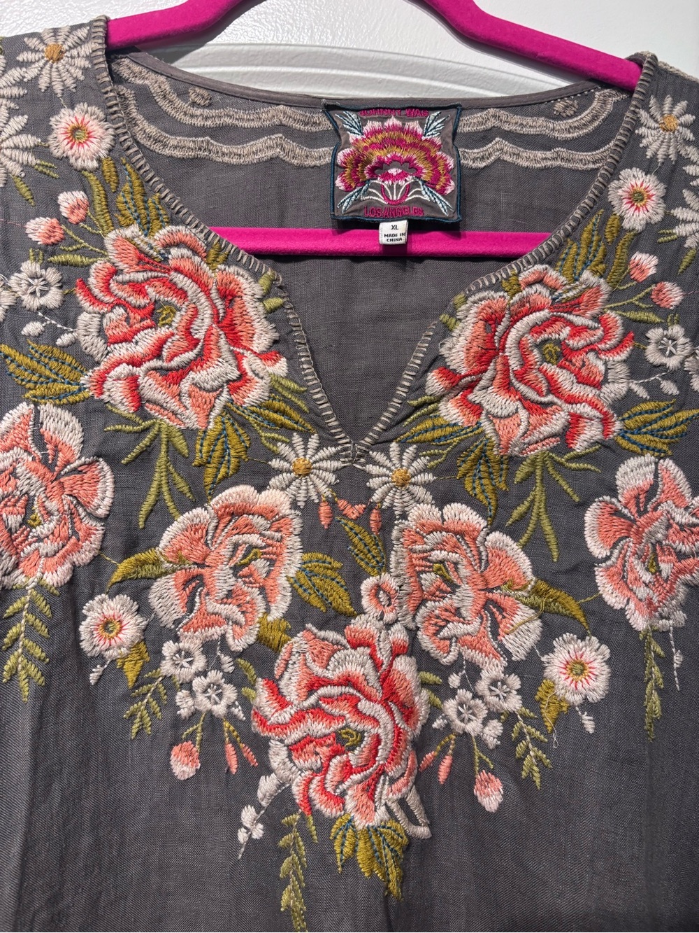 Johnny Was JWLA Gray Linen Tunic with Pink and Coral Floral Embroidery